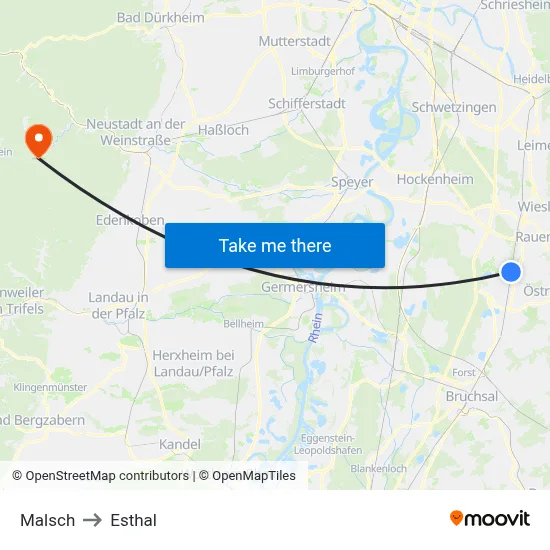Malsch to Esthal map