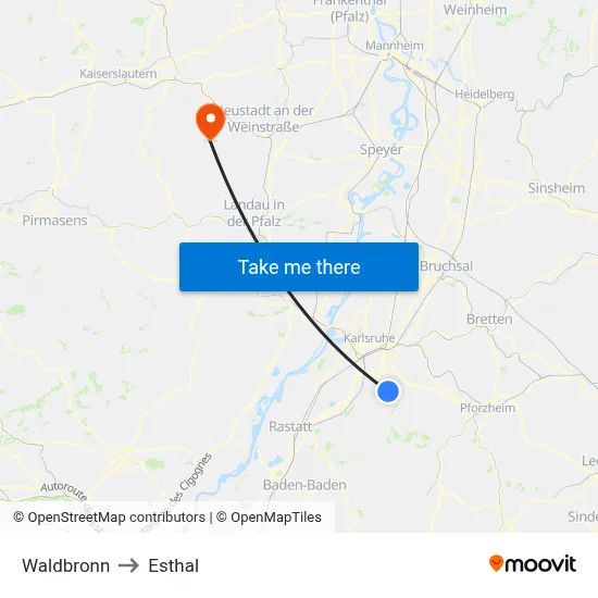 Waldbronn to Esthal map