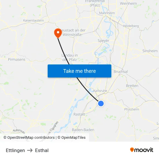 Ettlingen to Esthal map