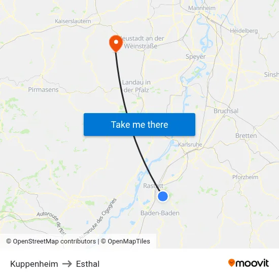 Kuppenheim to Esthal map