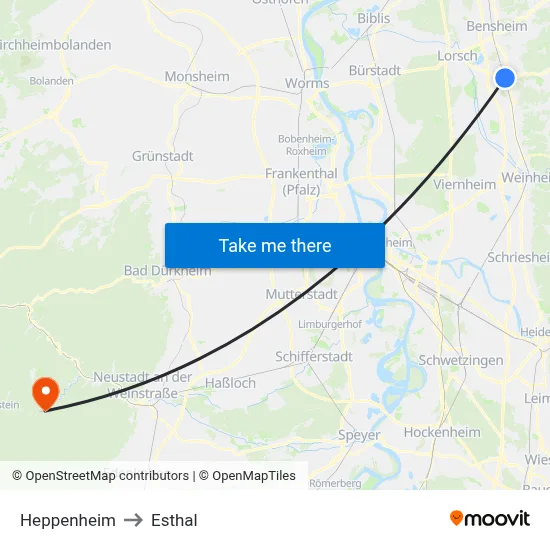 Heppenheim to Esthal map