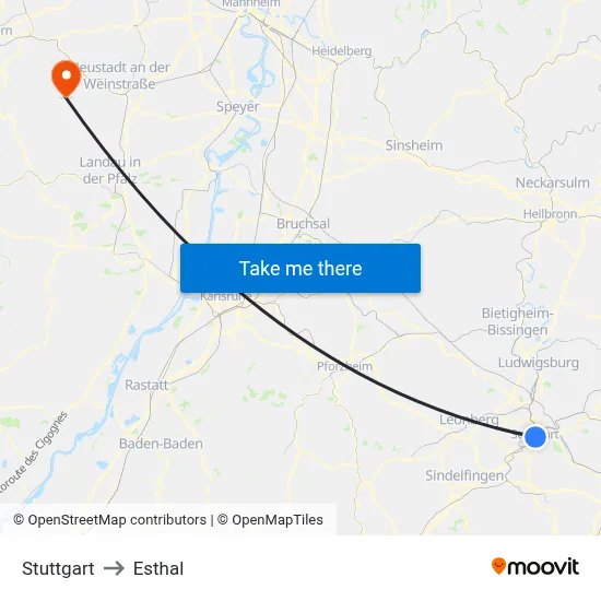 Stuttgart to Esthal map