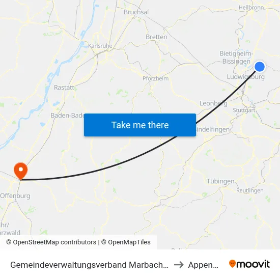 Gemeindeverwaltungsverband Marbach am Neckar to Appenweier map