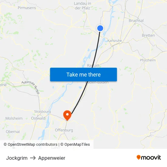 Jockgrim to Appenweier map