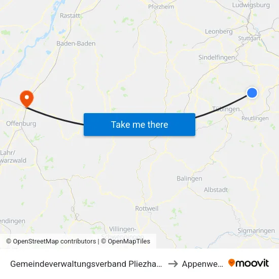 Gemeindeverwaltungsverband Pliezhausen to Appenweier map