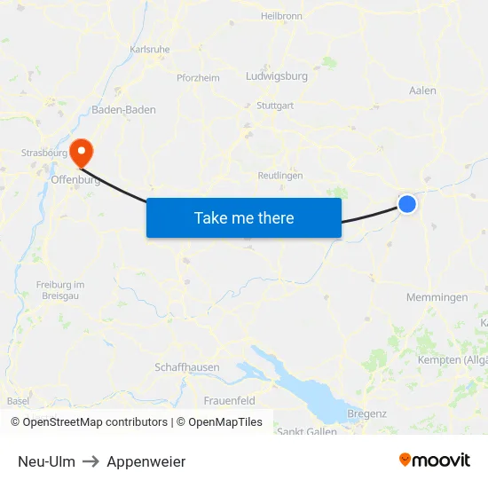 Neu-Ulm to Appenweier map