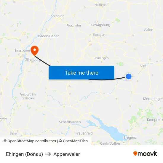 Ehingen (Donau) to Appenweier map