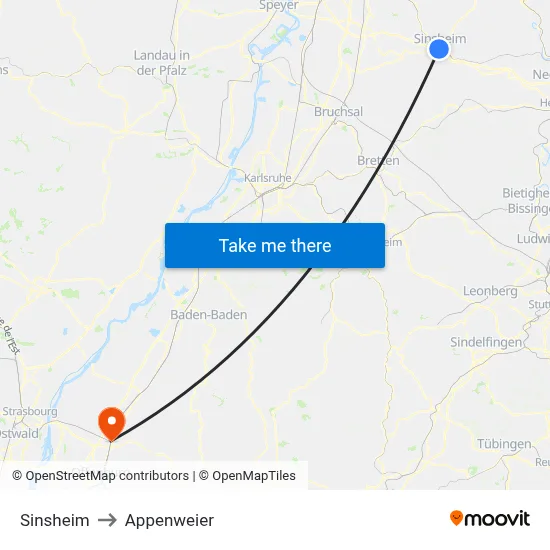 Sinsheim to Appenweier map