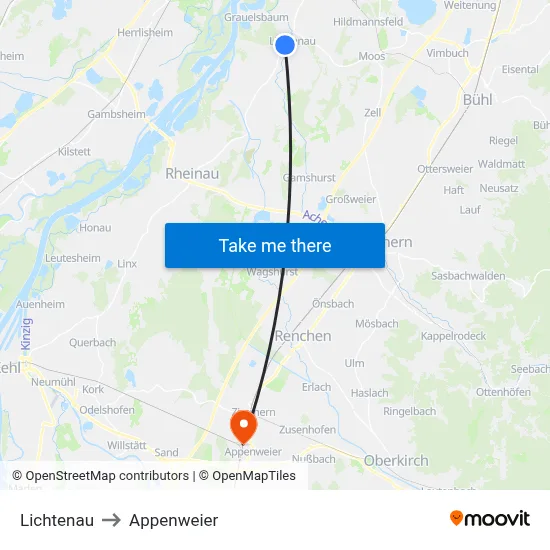 Lichtenau to Appenweier map