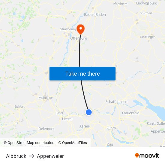 Albbruck to Appenweier map