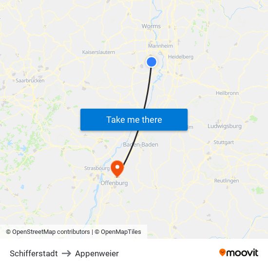 Schifferstadt to Appenweier map