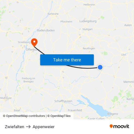 Zwiefalten to Appenweier map