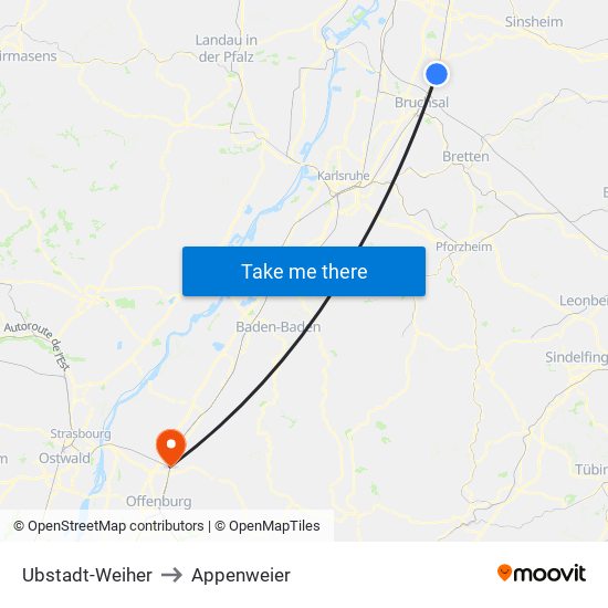 Ubstadt-Weiher to Appenweier map