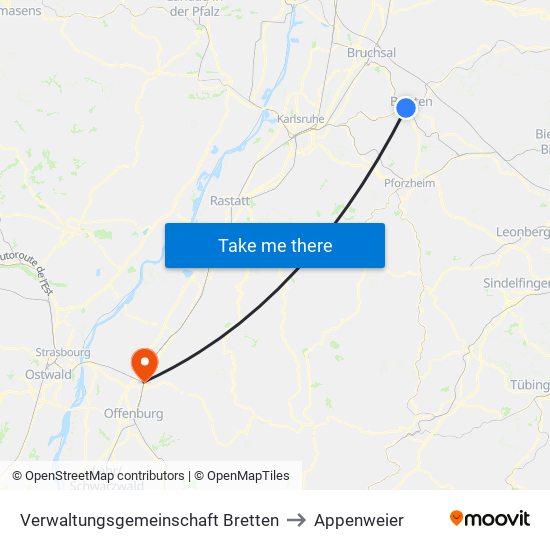 Verwaltungsgemeinschaft Bretten to Appenweier map