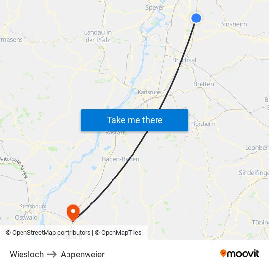 Wiesloch to Appenweier map