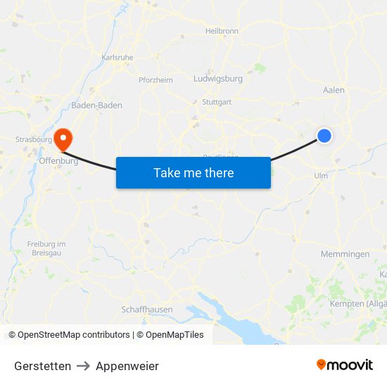 Gerstetten to Appenweier map