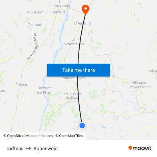 Todtnau to Appenweier map