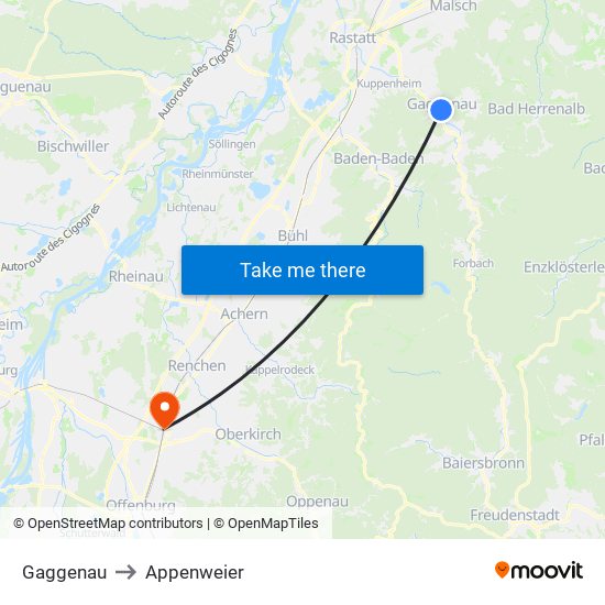 Gaggenau to Appenweier map
