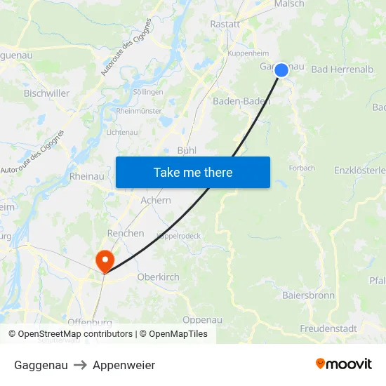 Gaggenau to Appenweier map