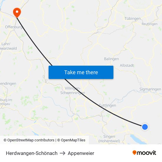 Herdwangen-Schönach to Appenweier map