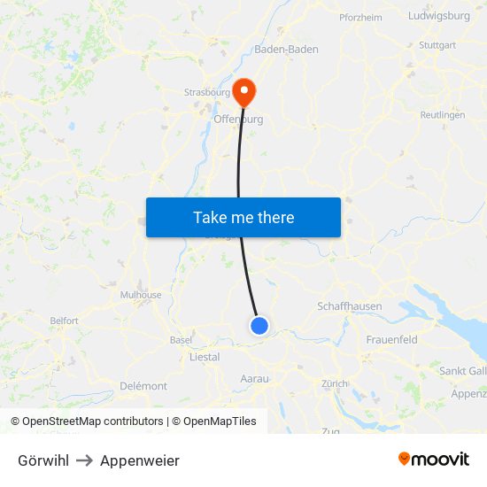 Görwihl to Appenweier map