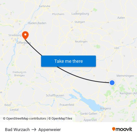 Bad Wurzach to Appenweier map