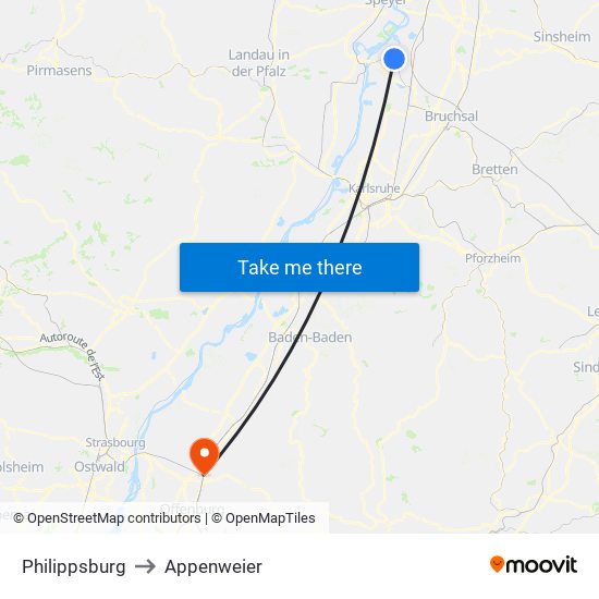Philippsburg to Appenweier map