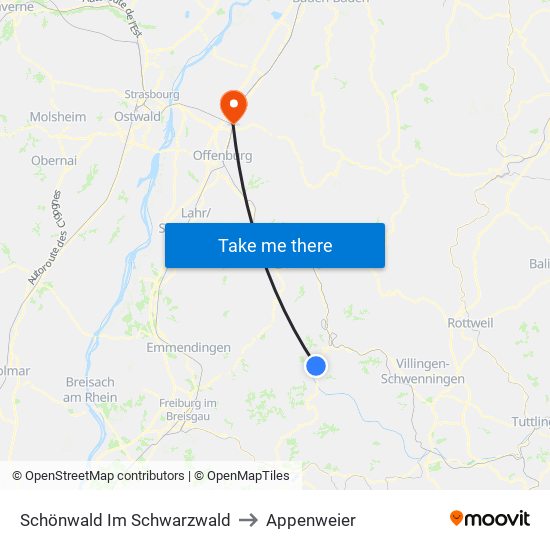 Schönwald Im Schwarzwald to Appenweier map