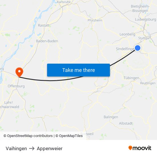 Vaihingen to Appenweier map