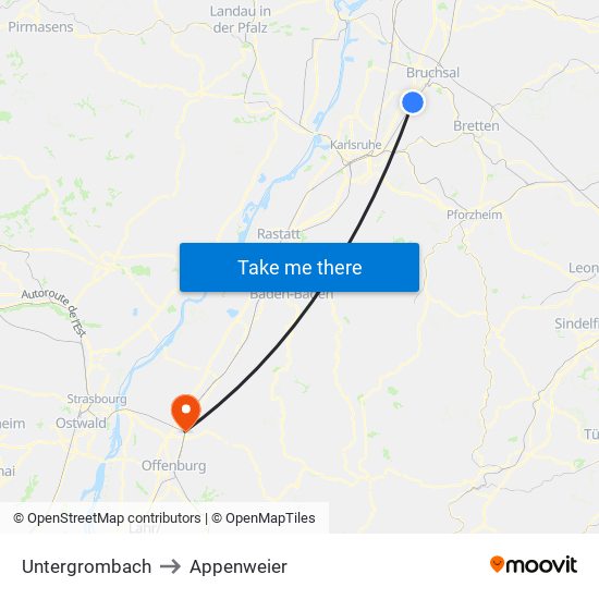 Untergrombach to Appenweier map