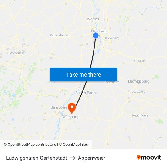 Ludwigshafen-Gartenstadt to Appenweier map