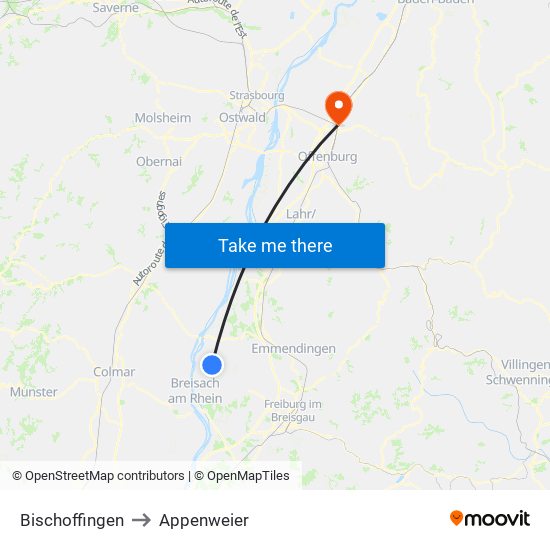 Bischoffingen to Appenweier map