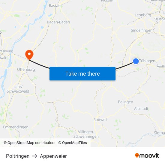 Poltringen to Appenweier map