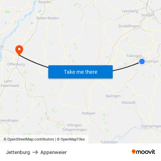 Jettenburg to Appenweier map