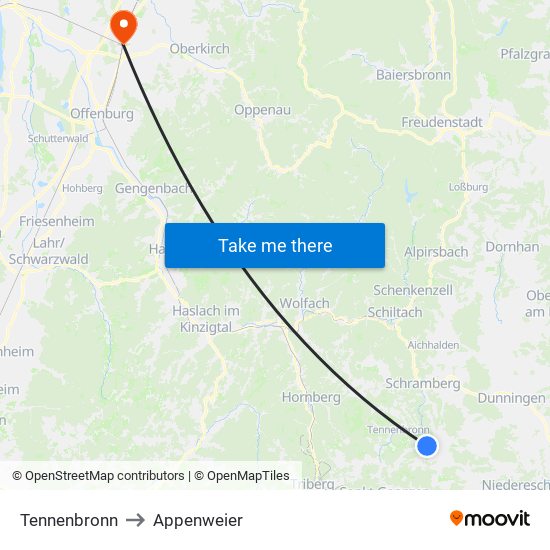 Tennenbronn to Appenweier map