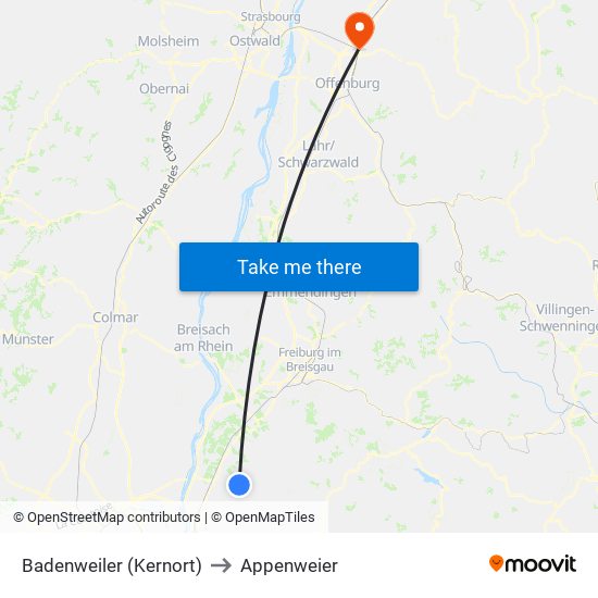 Badenweiler (Kernort) to Appenweier map