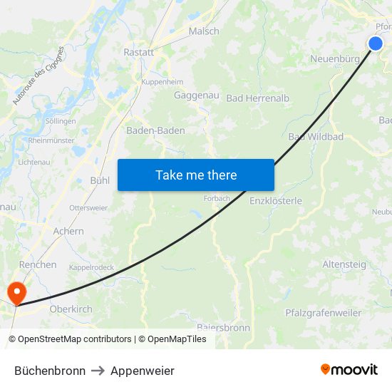 Büchenbronn to Appenweier map
