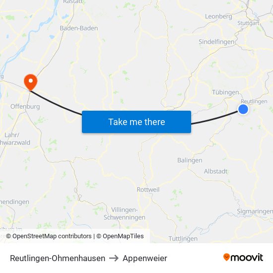 Reutlingen-Ohmenhausen to Appenweier map