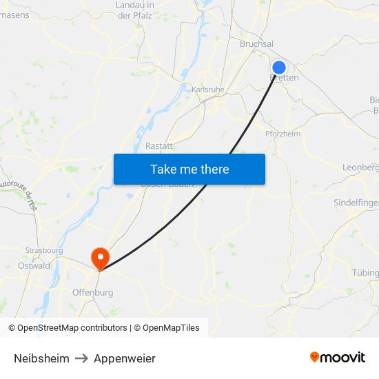 Neibsheim to Appenweier map