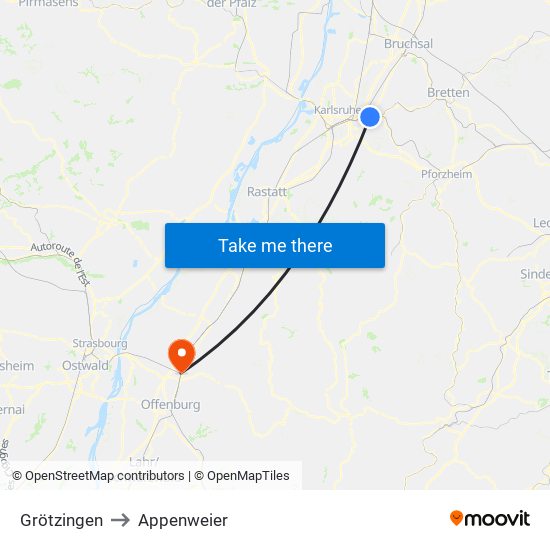 Grötzingen to Appenweier map