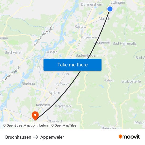 Bruchhausen to Appenweier map