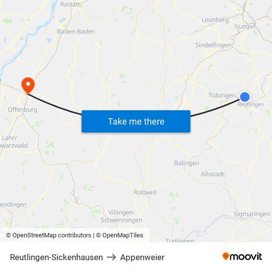 Reutlingen-Sickenhausen to Appenweier map