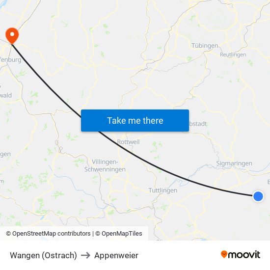 Wangen (Ostrach) to Appenweier map