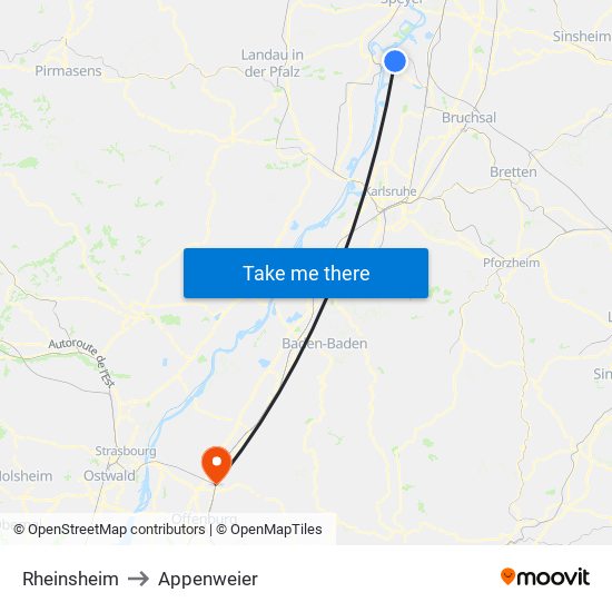 Rheinsheim to Appenweier map