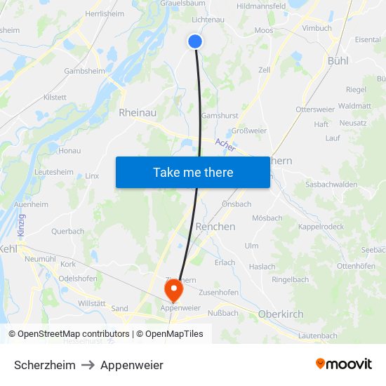 Scherzheim to Appenweier map