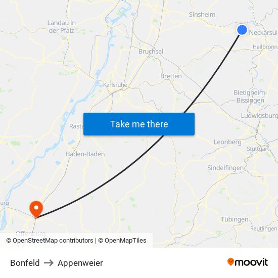 Bonfeld to Appenweier map