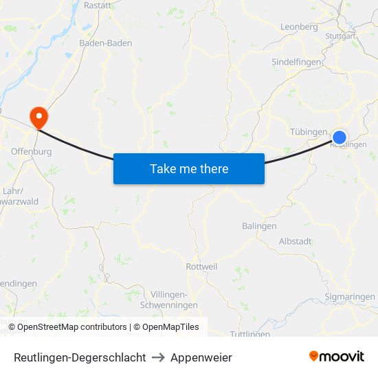Reutlingen-Degerschlacht to Appenweier map