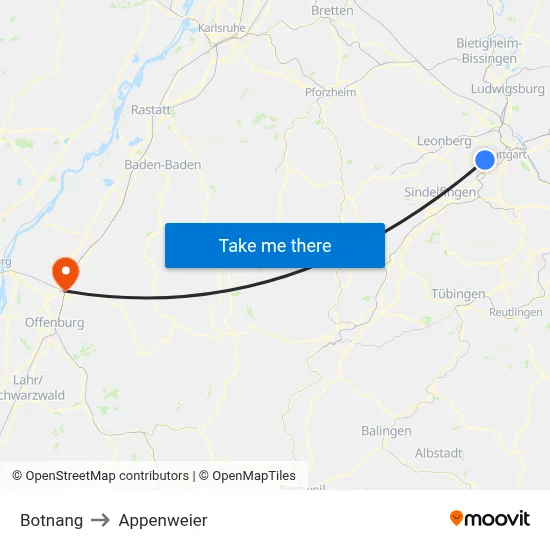 Botnang to Appenweier map