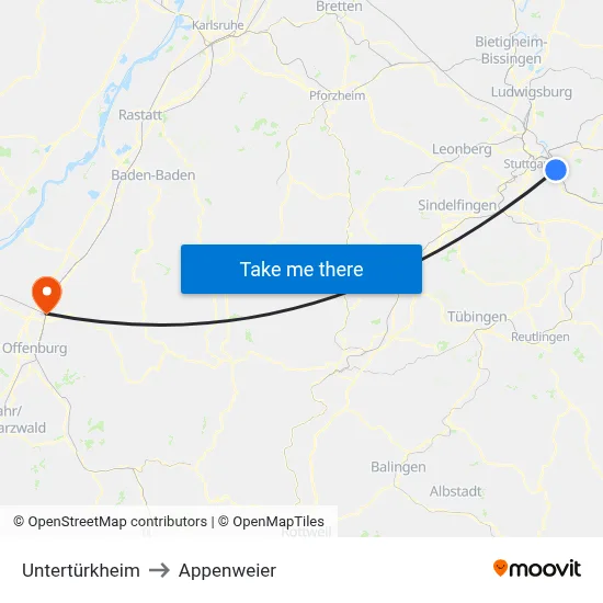 Untertürkheim to Appenweier map