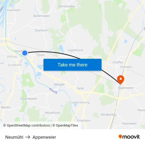 Neumühl to Appenweier map